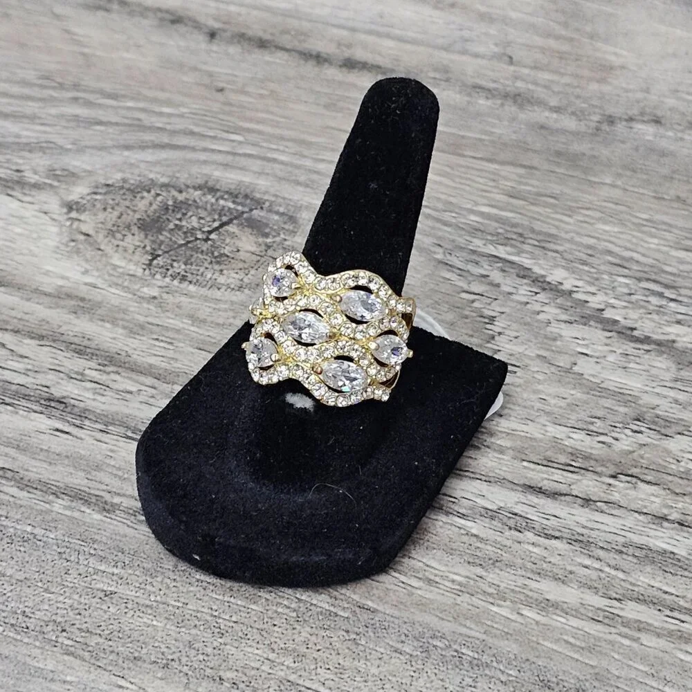 Vintage Gold Tone Multi Row CZ Diamond Cluster Chunky Wide Statement Ring